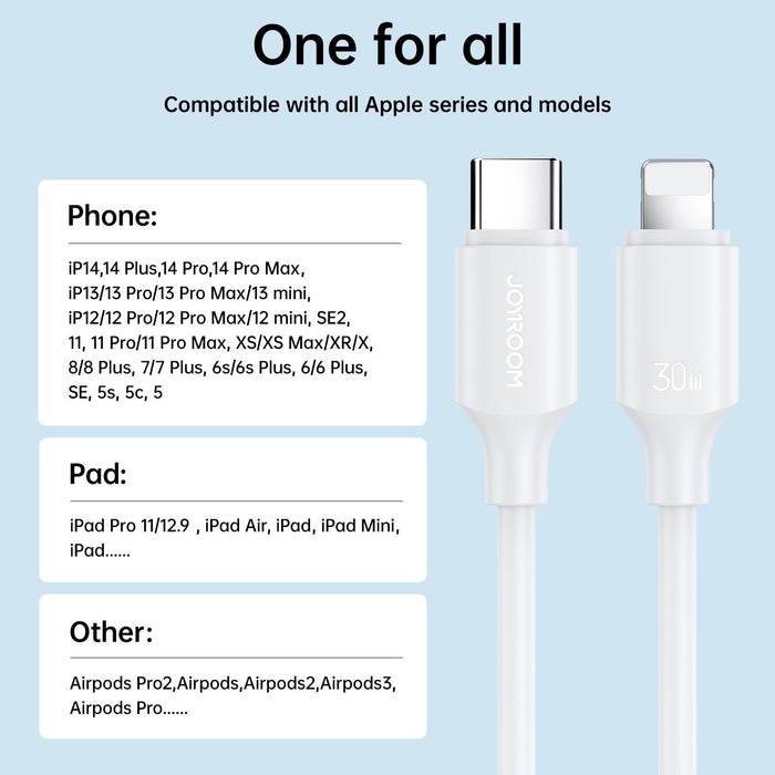 Joyroom S-A9 Long-Lasting Series 30W Fast Charging Cable | Type-C to Lightning | 1M | White