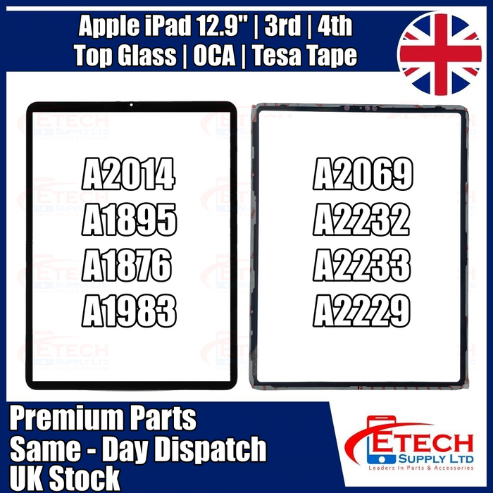 Apple iPad Pro 12.9" 3rd & 4th Gen Replacement Top Glass With OCA - Black