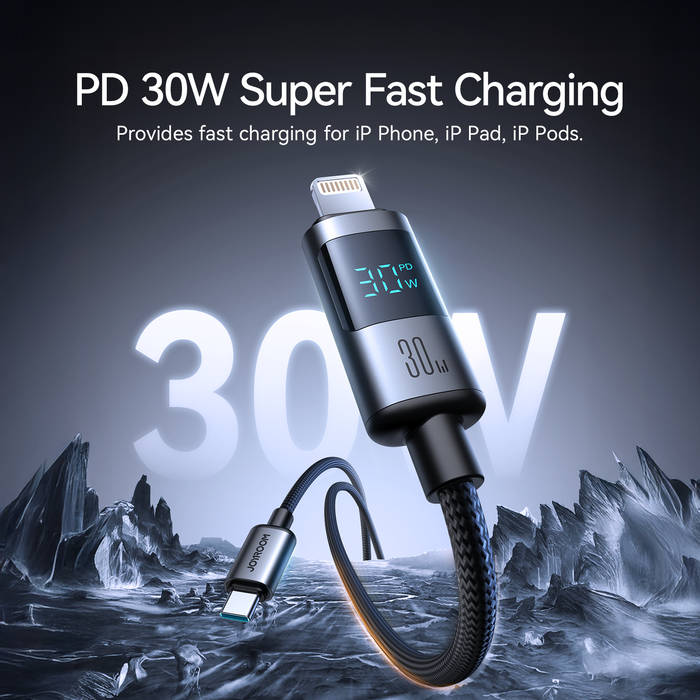 Joyroom S-A16 Pro Prism Series 30W Digital Display Fast Charging Cable | Type-C to Lightning | 1.2M | Black