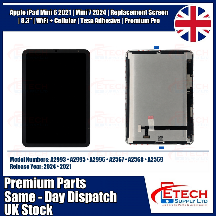 Apple iPad Mini 6 2021 | Mini 7 2024 | Replacement Screen | 8.3" | WiFi + Cellular | Tesa Adhesive | Premium Pro