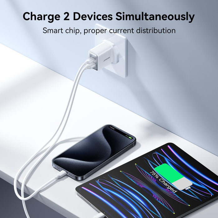 Joyroom JR-TCF15 30W Dual Port USB A + USB C Fast Wall Charger  | White