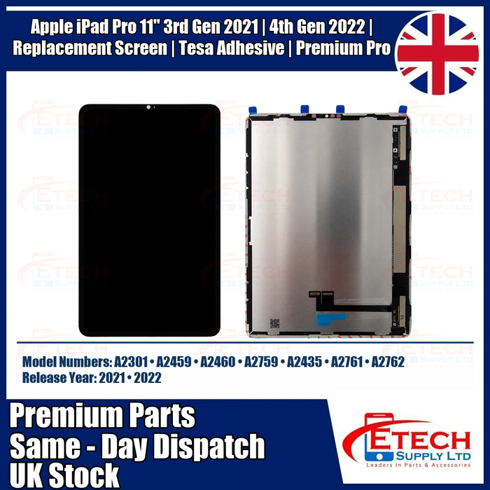 Apple iPad Pro 11" 3rd Gen 2021 | 4th Gen 2022 | Replacement Screen | Tesa Adhesive | Premium Pro