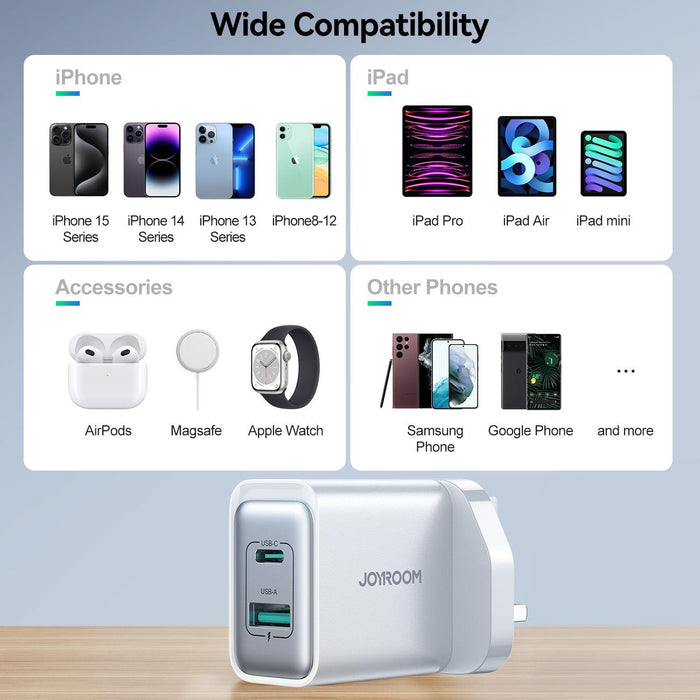 Joyroom JR-TCF15 30W Dual Port USB A + USB C Fast Wall Charger  | White